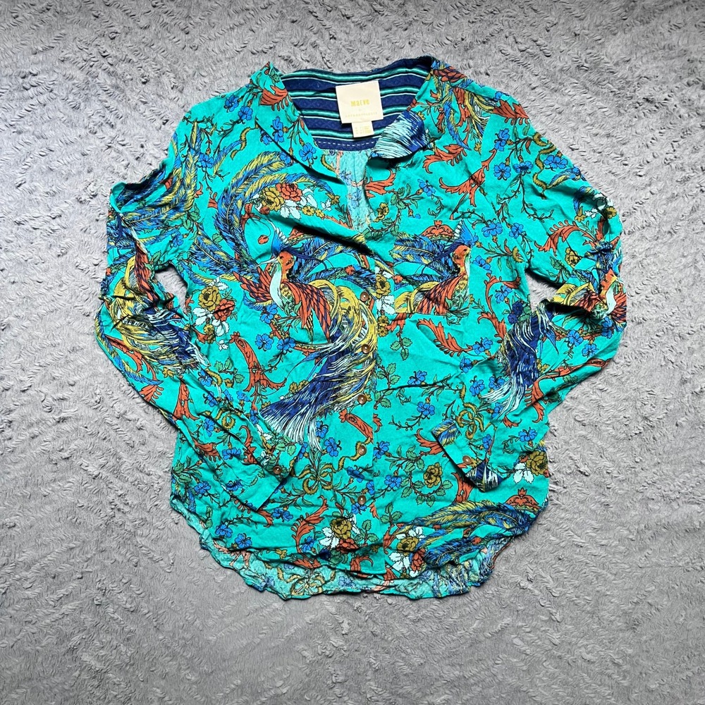 Maeve Anthropologie Phoenix Bird of Paradise Blouse Teal Green Button Down Top 0